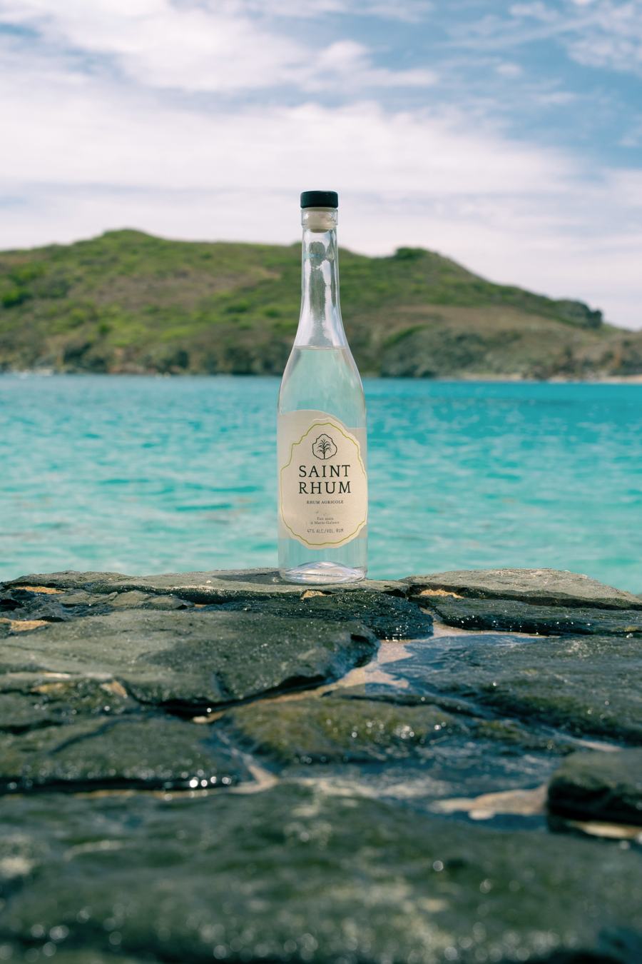 Saint Rhum on dark rocks above clear Caribbean water