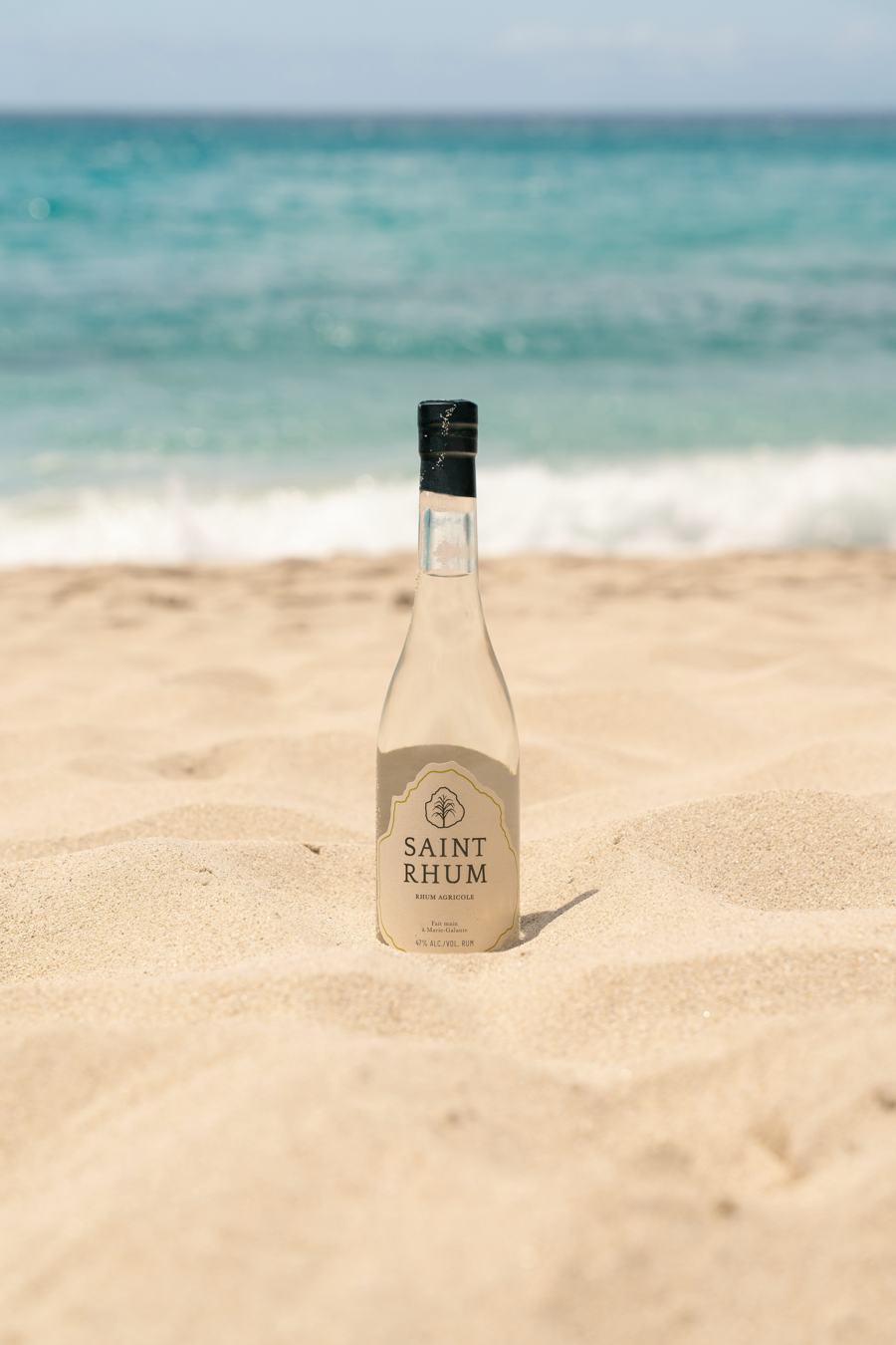 Saint Rhum standing in soft sand by the sea